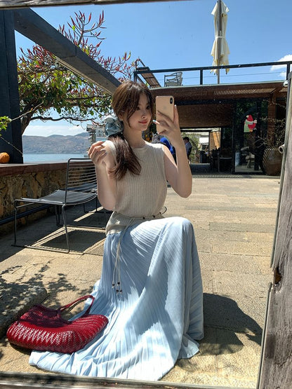 Crew Sleeveless Neck Plain Top Ribbed Knit