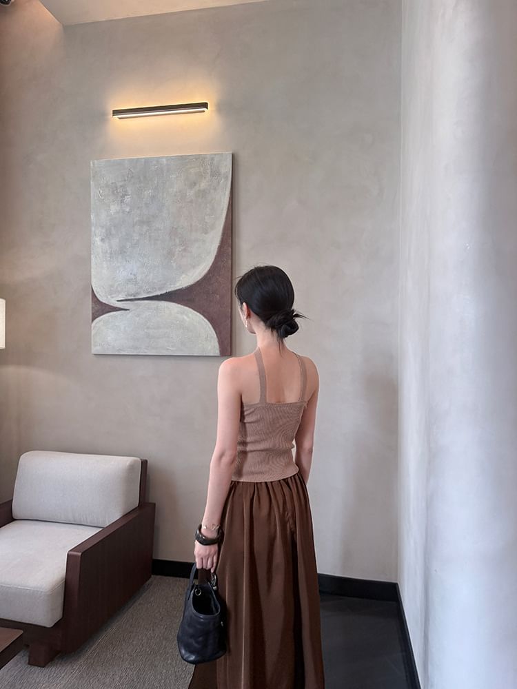 Halter Neck Plain Ribbed Knit Top