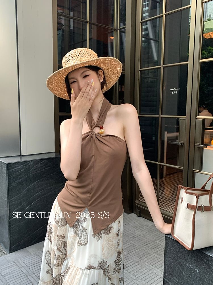 Halter Neck Plain Slit Crop Camisole Top