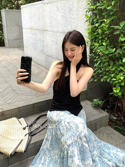 Halter Neck Plain Slit Crop Camisole Top