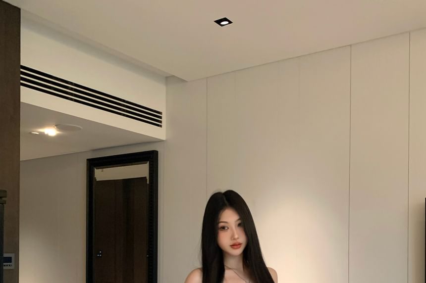 Lace-Up Panel Lace Crop Tube Top