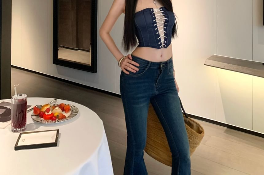 Lace-Up Panel Lace Crop Tube Top