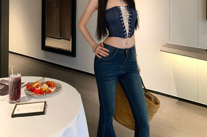Lace-Up Panel Lace Crop Tube Top
