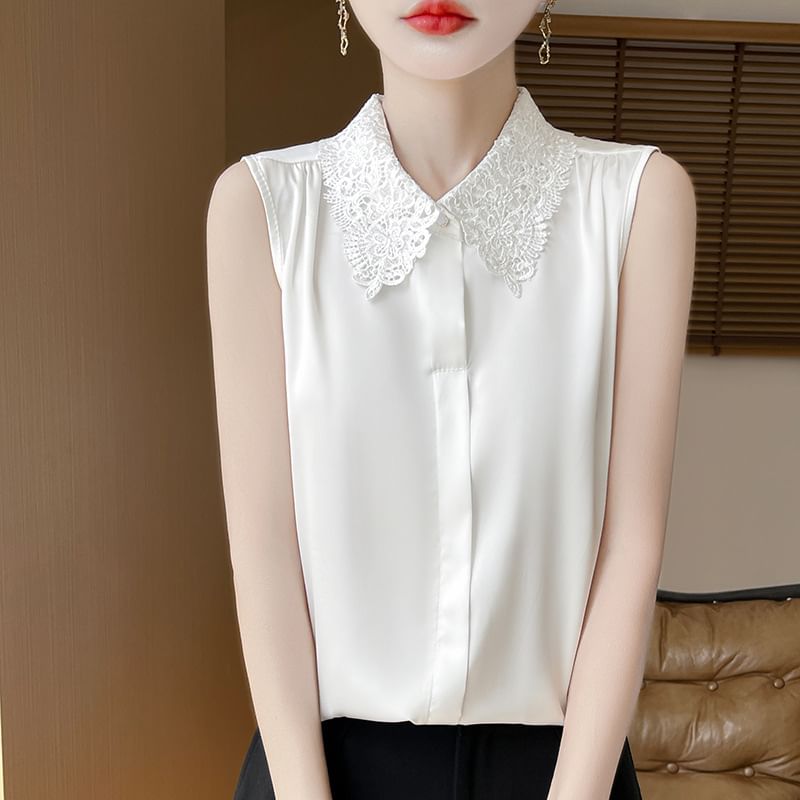 Sleeveless Lace Collar Satin Button-Up Top