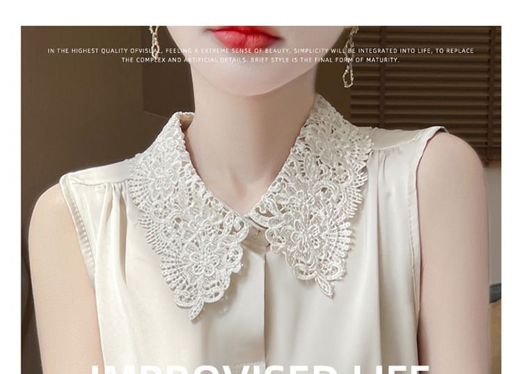 Sleeveless Lace Collar Satin Button-Up Top