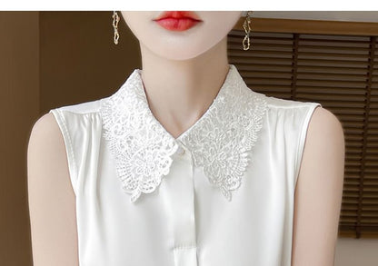 Sleeveless Lace Collar Satin Button-Up Top