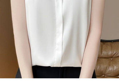 Sleeveless Lace Collar Satin Button-Up Top