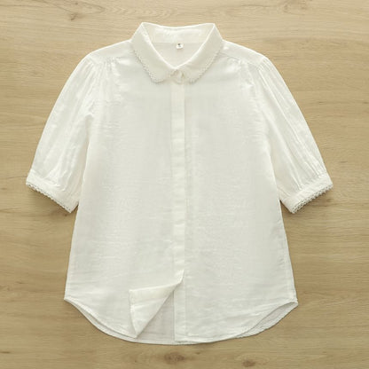 3/4-Sleeve Collared Lace-Trim Button-Up Shirt