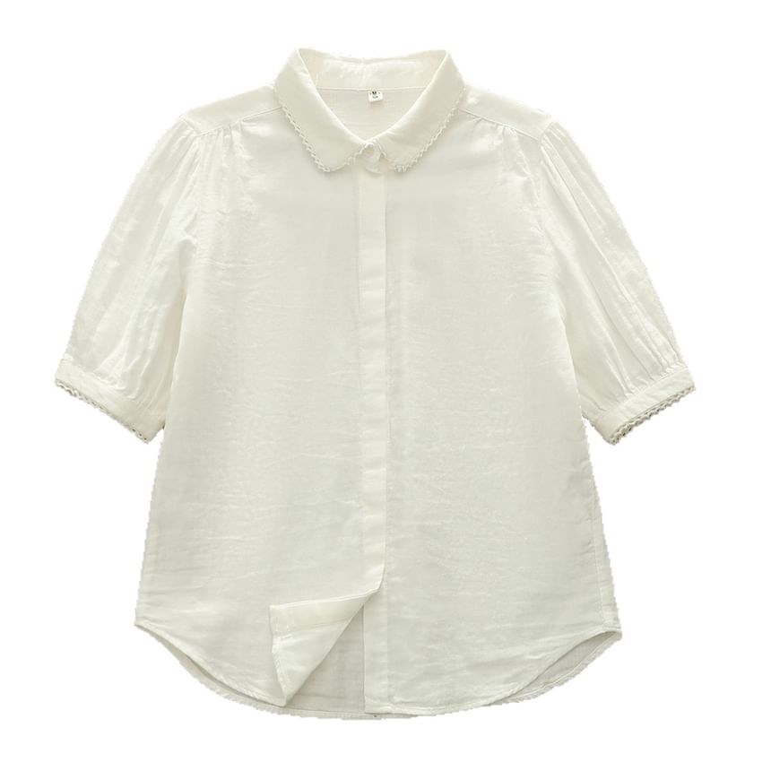 3/4-Sleeve Collared Lace-Trim Button-Up Shirt