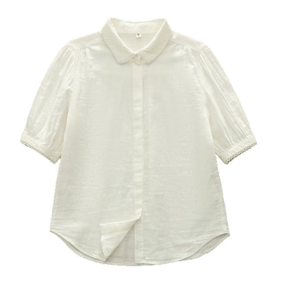 3/4-Sleeve Collared Lace-Trim Button-Up Shirt