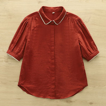 3/4-Sleeve Collared Lace-Trim Button-Up Shirt