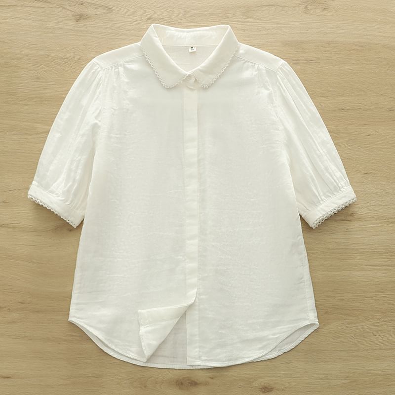 3/4-Sleeve Collared Lace-Trim Button-Up Shirt