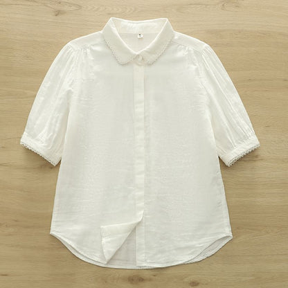 3/4-Sleeve Collared Lace-Trim Button-Up Shirt