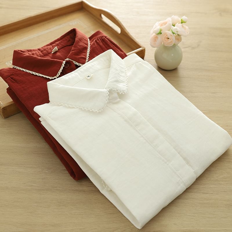 3/4-Sleeve Collared Lace-Trim Button-Up Shirt