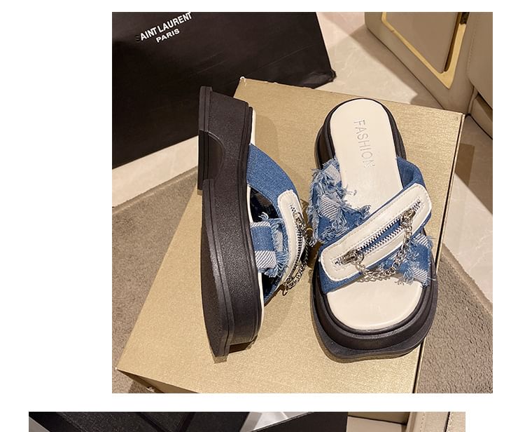 Detail Sandals Chunky Strap Cross Chain Zipped Slide Platform Heel
