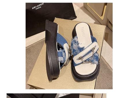 Detail Sandals Chunky Strap Cross Chain Zipped Slide Platform Heel