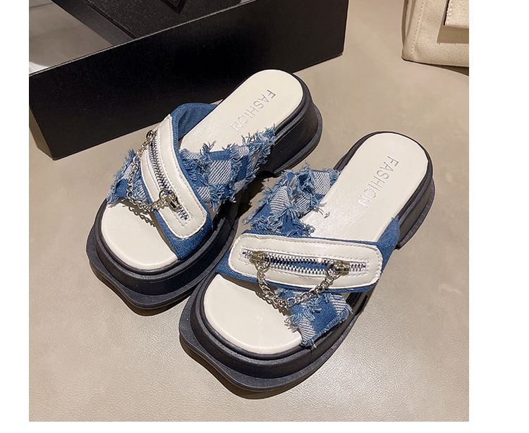 Detail Sandals Chunky Strap Cross Chain Zipped Slide Platform Heel