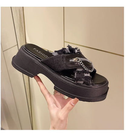 Detail Sandals Chunky Strap Cross Chain Zipped Slide Platform Heel