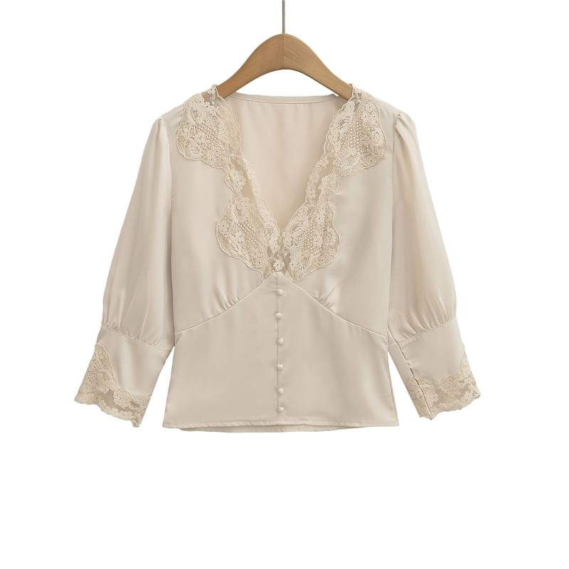 3/4 Sleeve V-Neck Lace Panel Blouse