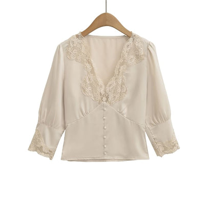 3/4 Sleeve V-Neck Lace Panel Blouse