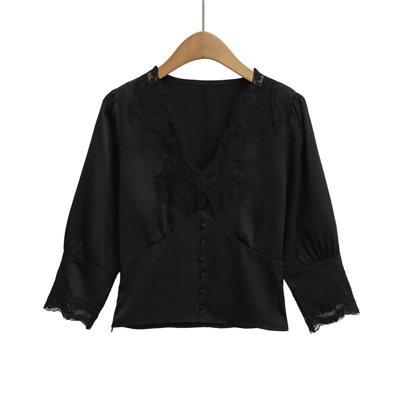 3/4 Sleeve V-Neck Lace Panel Blouse