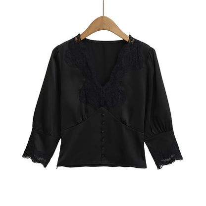 3/4 Sleeve V-Neck Lace Panel Blouse