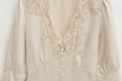 3/4 Sleeve V-Neck Lace Panel Blouse