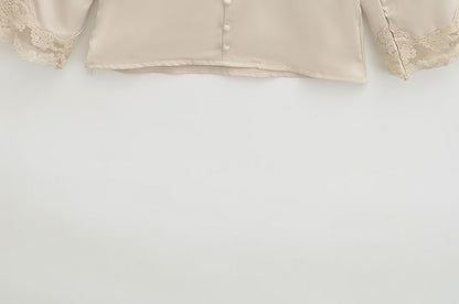 3/4 Sleeve V-Neck Lace Panel Blouse