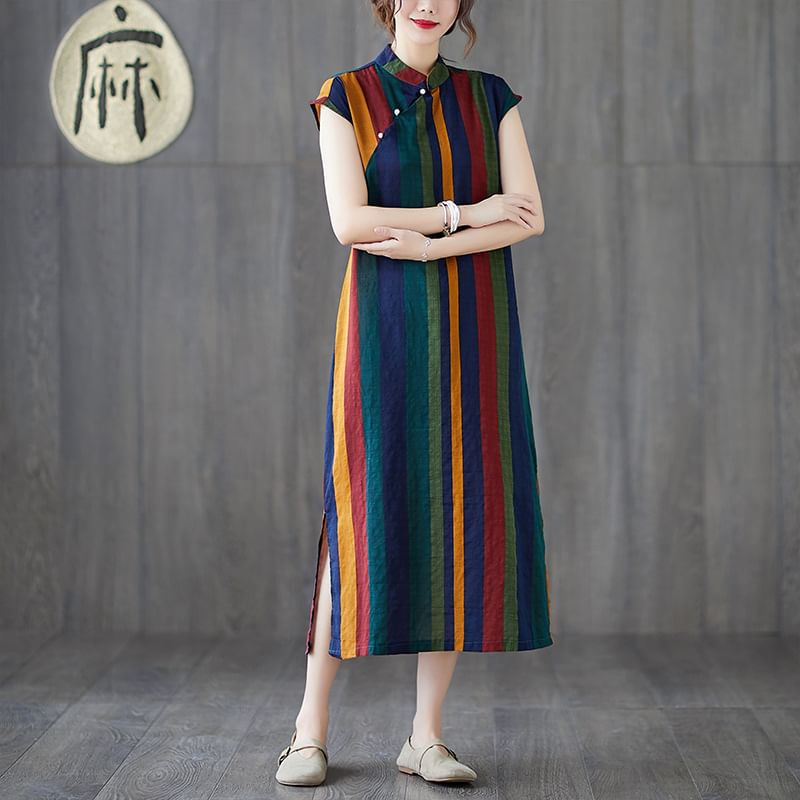 Cap-Sleeve Striped Midi A-Line Qipao