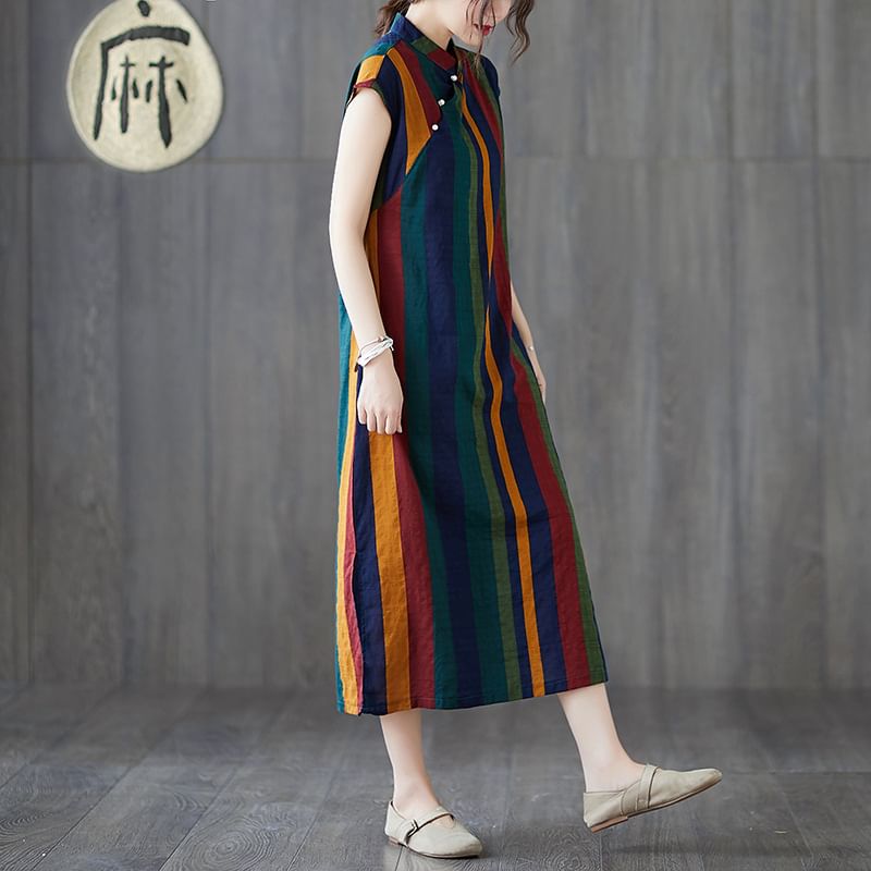 Cap-Sleeve Striped Midi A-Line Qipao