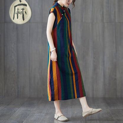 Cap-Sleeve Striped Midi A-Line Qipao