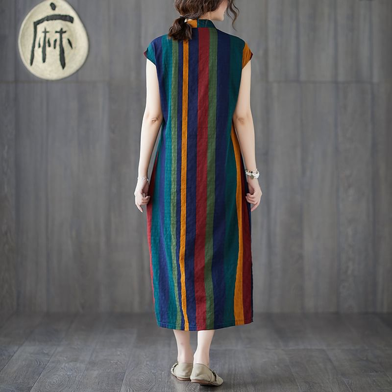 Cap-Sleeve Striped Midi A-Line Qipao