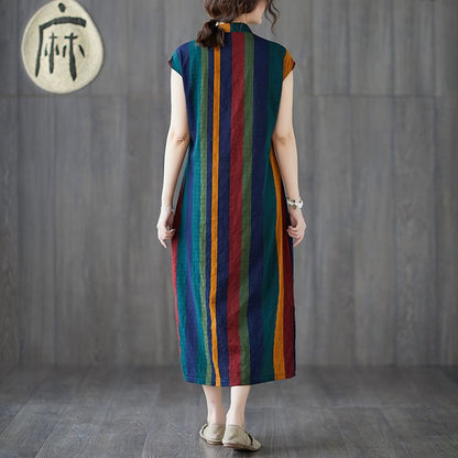 Cap-Sleeve Striped Midi A-Line Qipao