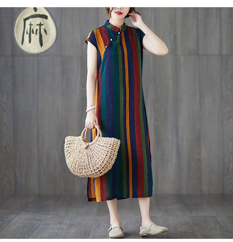 Cap-Sleeve Striped Midi A-Line Qipao