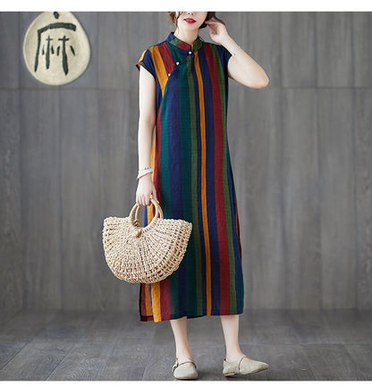 Cap-Sleeve Striped Midi A-Line Qipao