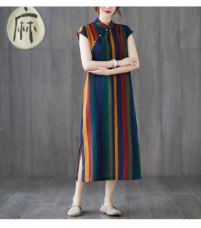 Cap-Sleeve Striped Midi A-Line Qipao