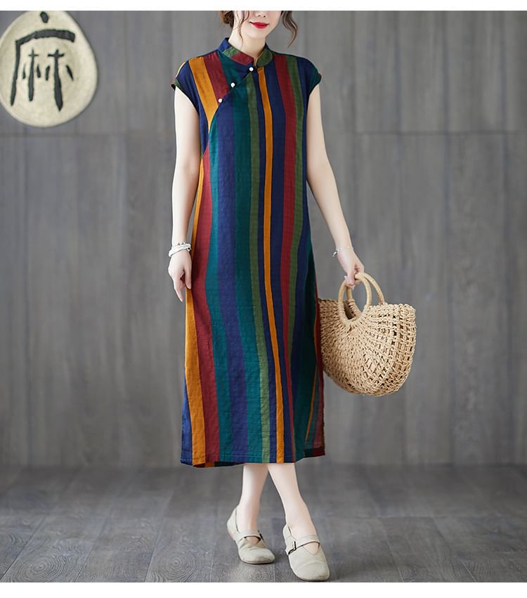 Cap-Sleeve Striped Midi A-Line Qipao