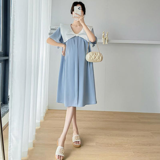 Maternity Short Sleeve Contrast Bow Collar Midi A-Line Dress