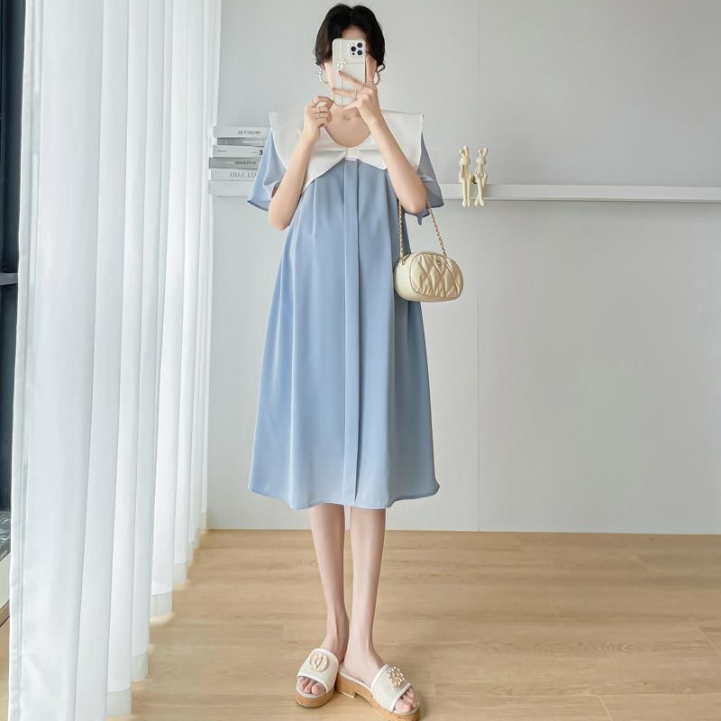 Maternity Short Sleeve Contrast Bow Collar Midi A-Line Dress