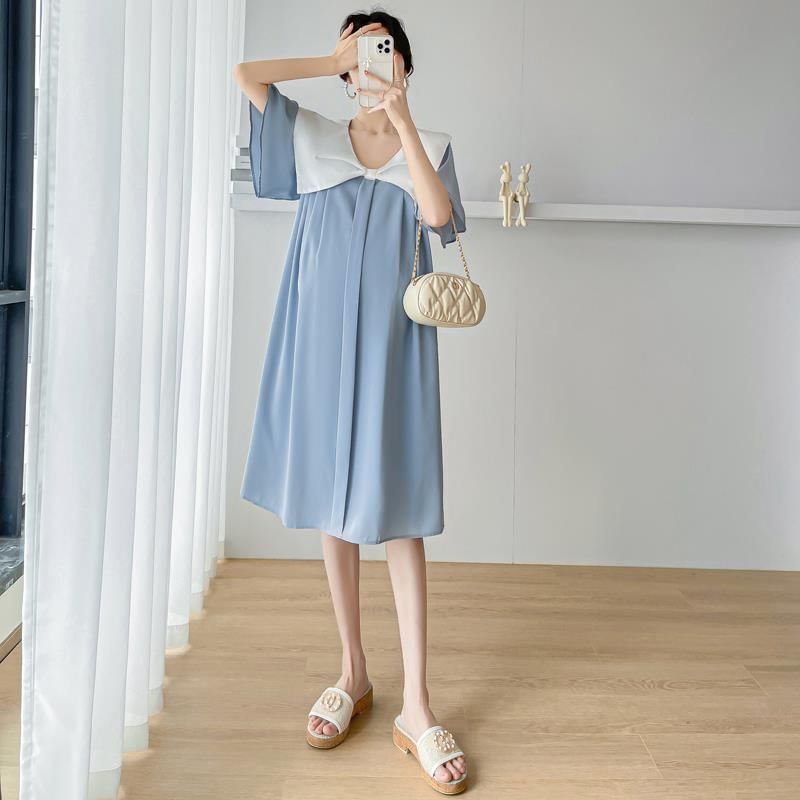 Maternity Short Sleeve Contrast Bow Collar Midi A-Line Dress