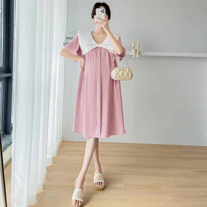 Maternity Short Sleeve Contrast Bow Collar Midi A-Line Dress