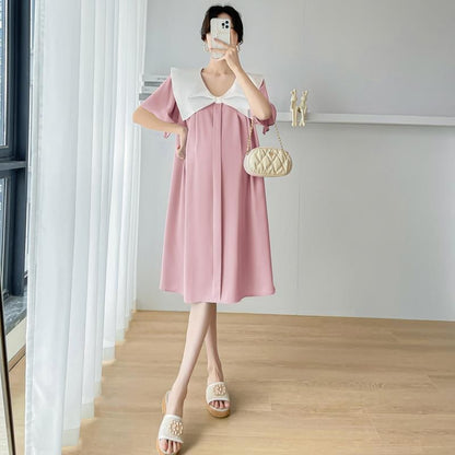 Maternity Short Sleeve Contrast Bow Collar Midi A-Line Dress