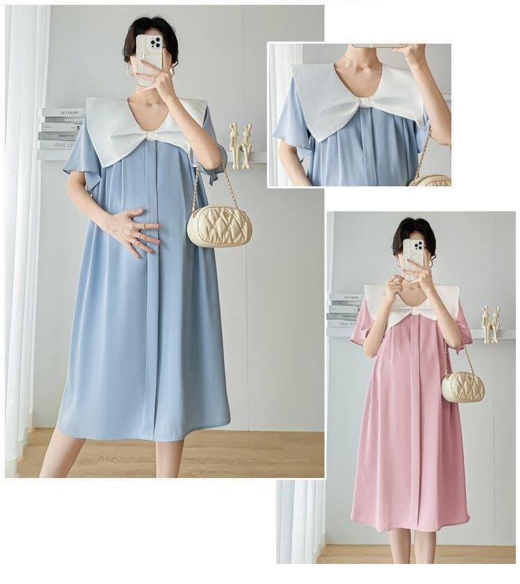Maternity Short Sleeve Contrast Bow Collar Midi A-Line Dress