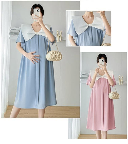 Maternity Short Sleeve Contrast Bow Collar Midi A-Line Dress