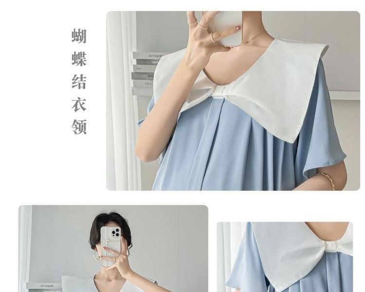 Maternity Short Sleeve Contrast Bow Collar Midi A-Line Dress