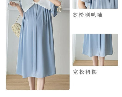Maternity Short Sleeve Contrast Bow Collar Midi A-Line Dress