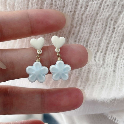 Heart Drop Earring / Flower On Clip