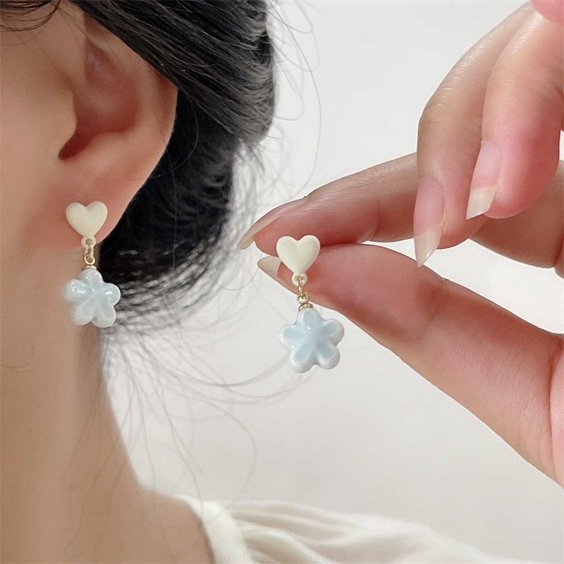 Heart Drop Earring / Flower On Clip