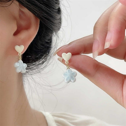 Heart Drop Earring / Flower On Clip