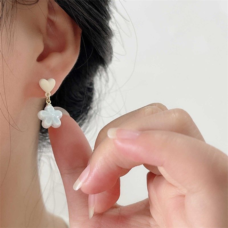 Heart Drop Earring / Flower On Clip